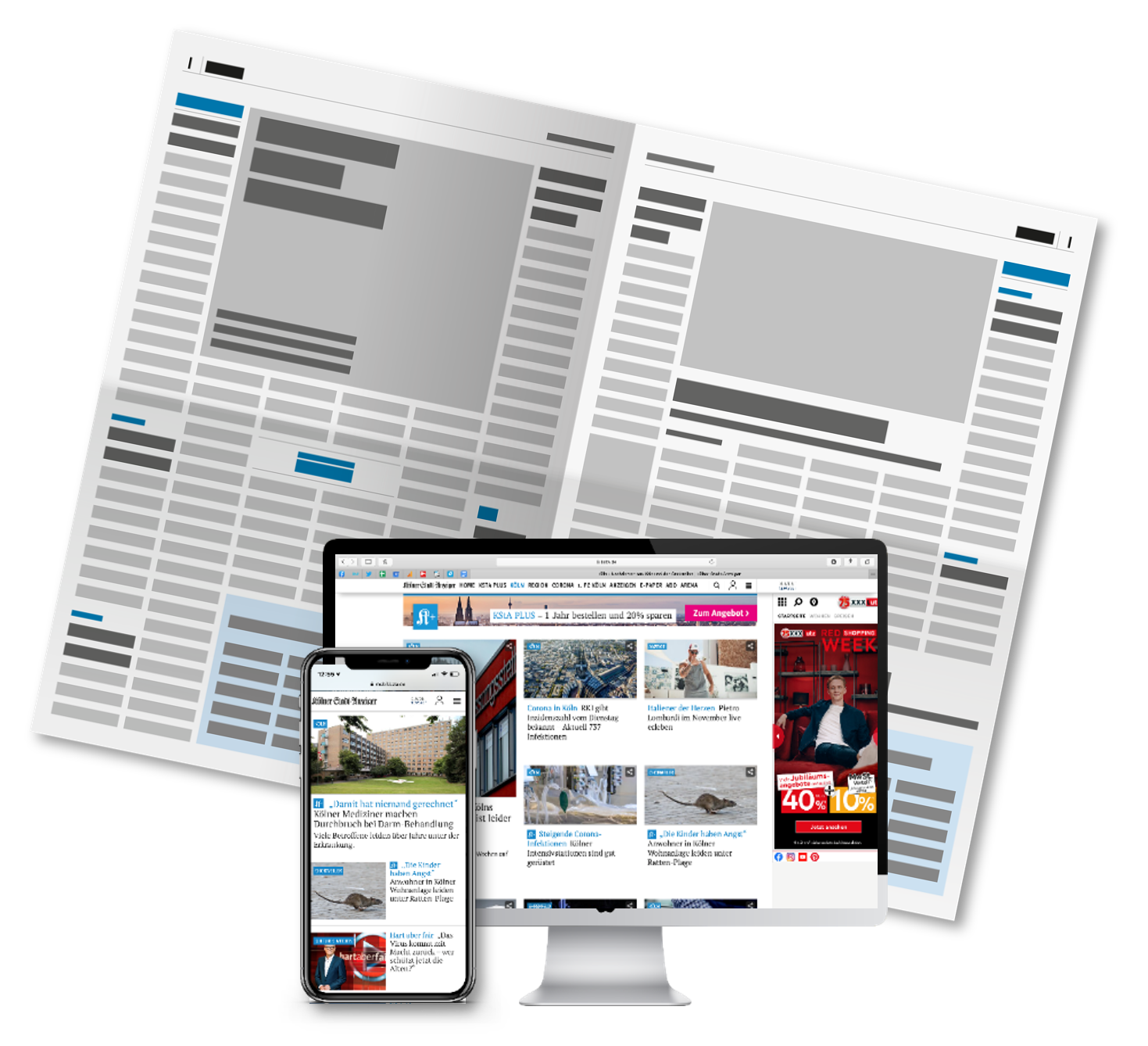 Collage der Marke Kölner Stadt-Anzeiger als gedruckte Zeitung, auf einem Computer-Monitor und einem Smartphone.