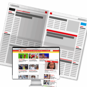 Collage der Marke Express als gedruckte Zeitung, auf einem Computer-Monitor und einem Smartphone.