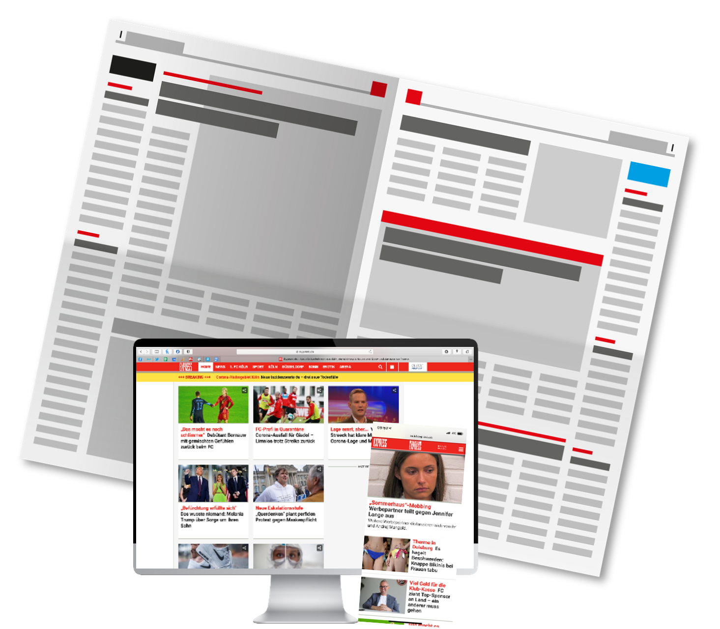 Collage der Marke Express als gedruckte Zeitung, auf einem Computer-Monitor und einem Smartphone.