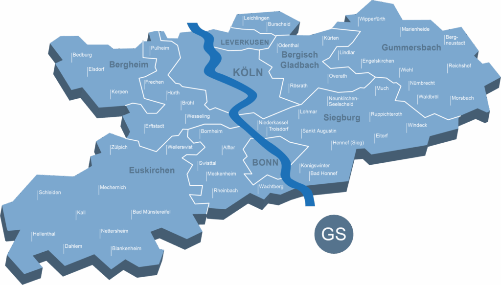 Blaue Übersichtskarte des Großraums Köln/Bonn mit umliegenden Kreisen wie Euskirchen, Gummersbach und Leverkusen.