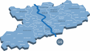 Blaue Übersichtskarte des Großraums Köln/Bonn mit umliegenden Kreisen wie Euskirchen, Gummersbach und Leverkusen.