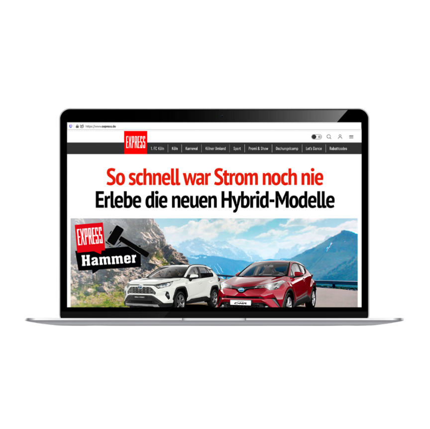 Laptop, der die Express-Webseite zeigt, auf der ein Werbeartikel ("Shopvertorial") mit der Überschrift "So schnell war Strom noch nie" und zwei Hybrid-Autos zu sehen ist.