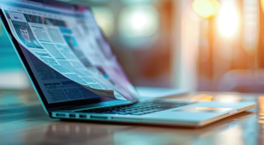 Laptop auf einem Tisch, auf dessen Bildschirm eine Zeitungsseite zu sehen ist, die sich wie echtes Papier aus dem Display herauswölbt.