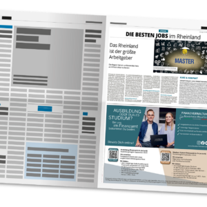 Alternativtext (Alt-Text): Aufgeschlagene Zeitungsseite mit der Sonderveröffentlichung "Die besten Jobs im Rheinland" und einer großen Anzeige der Finanzverwaltung NRW.