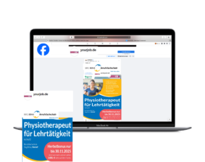 Laptop, der eine Facebook-Seite anzeigt, auf der eine Stellenanzeige für Physiotherapeuten als Social-Media-Post zu sehen ist.